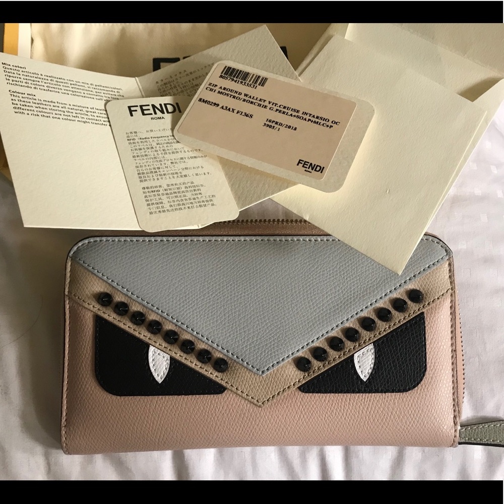 Fendi Monster Eyes light pink and multicolor leather wallet